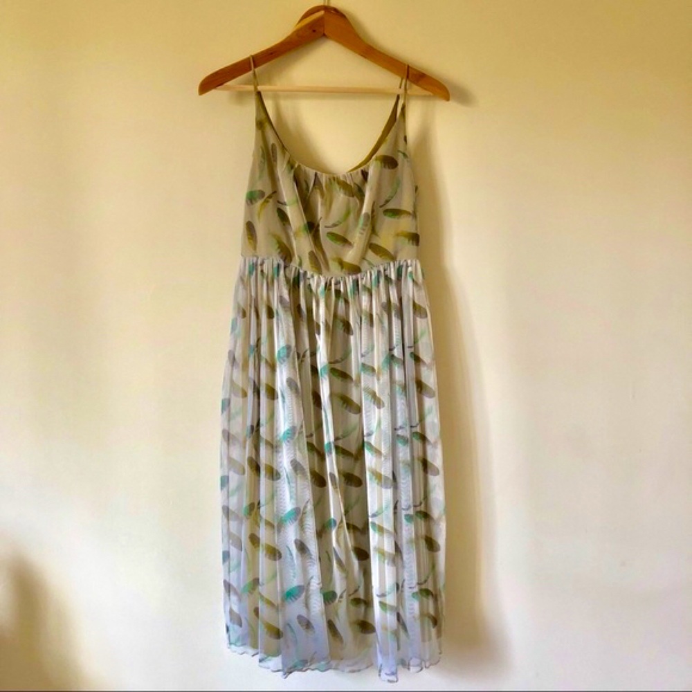 Fossil White Maxi Dress with Green and Teal Feather Print